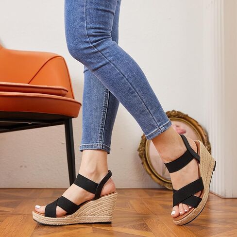 صنادل نسائية من Putu بكعب عريض وحزام كاحل مرن، صنادل منصة مفتوحة من الأمام متقاطعة، صندل بكعب عريض أسود مقاس 7.5 in Kuwait