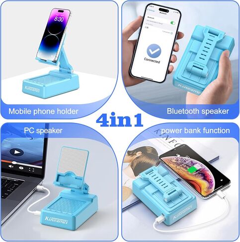 4In1 Cell Phone Stand with Speaker Bluetooth Wireless, Power Bank Foldable Phone Holder, Gifts for Mens Women, Portable Cellphone Holder with Speaker and Anti-Slip Base HD Surround Sound - Blue in Saudi Arabia