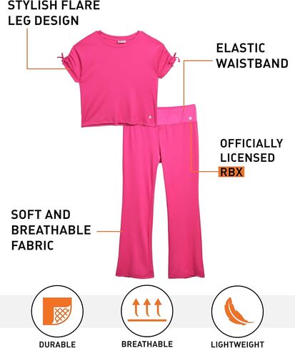 RBX Girls' Leggings Set - 2 Piece Ribbed T-Shirt and Flare Leg Yoga Pants - Athleisure Wide Leg Pants Set for Girls (7-12) in Saudi Arabia