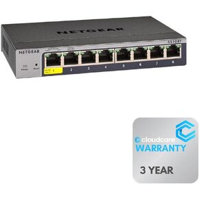 NETGEAR GS108T 8-Port 𝐒𝐦𝐚𝐫𝐭 𝐌𝐚𝐧𝐚𝐠𝐞𝐝 Switch | 10/100/1000 Mbps | Desktop and Wall-Mountable | Cloud Care's 3-Year Warranty SupportPlus Included