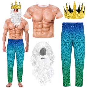 4 Pcs Halloween Poseidon Costumes Pack Mermaid Pants Crown Wig and Beard Set for Men