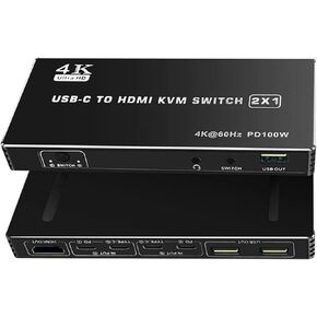 USB C KVM Switch 2 in 1 Out 4K Type-C in HDMI Out KVM Switch 2x1 with Desktop Controller for 2 PC Share Keyboard Mouse Monitor