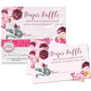 Amanda Creation Little Stinker Watercolor Pink and Burgundy Floral Skunk Diaper Raffle Tickets for Baby Girl Showers, 20 2" X 3" Double Sided Inserts, Bring a Pack of Diapers to Win Favors & Prizes!