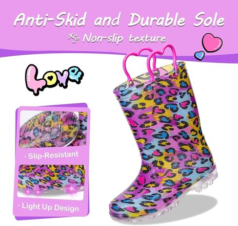 Kids Toddler Rain Boots for Girls Boys Light Up Waterproof Rain Shoes Patterns and Glitter Boot with Easy On Handles in Saudi Arabia