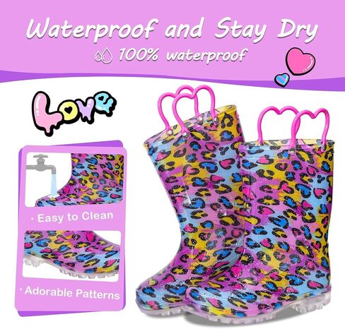Kids Toddler Rain Boots for Girls Boys Light Up Waterproof Rain Shoes Patterns and Glitter Boot with Easy On Handles in Saudi Arabia