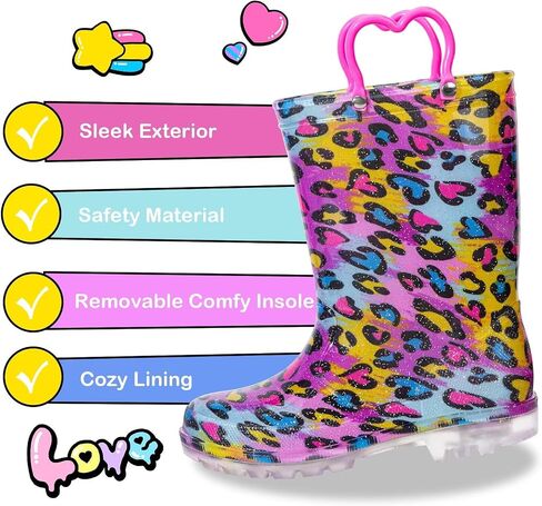 Kids Toddler Rain Boots for Girls Boys Light Up Waterproof Rain Shoes Patterns and Glitter Boot with Easy On Handles in Saudi Arabia