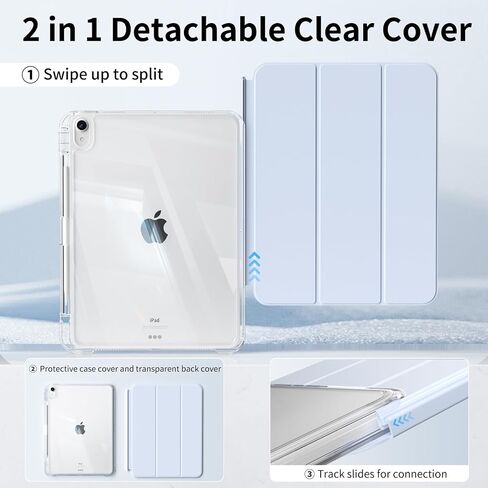 KenKe Case for iPad A16 11th Gen 11-inch 2025/10th Generation 10.9" 2022 with Pencil Holder, Detachable 2 in 1 Sliding Removable Cover, Transparent PC Back&TPU Shockproof, Slim Trifold, Sky Blue in Saudi Arabia