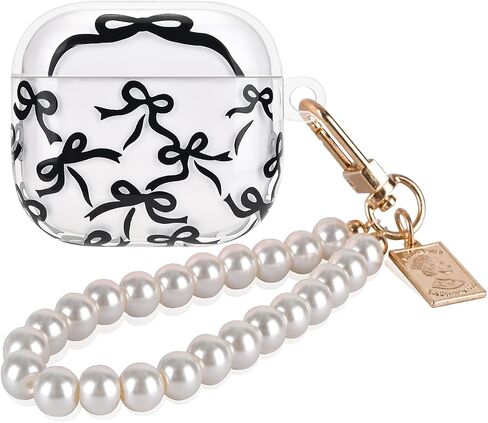 CameCosy for AirPods 4 Case with Pearl Bracelet Keychain, Black Bow Tie Design Protective Shockproof Clear TPU Premium Cover for AirPods 4th Generation for Women in Saudi Arabia