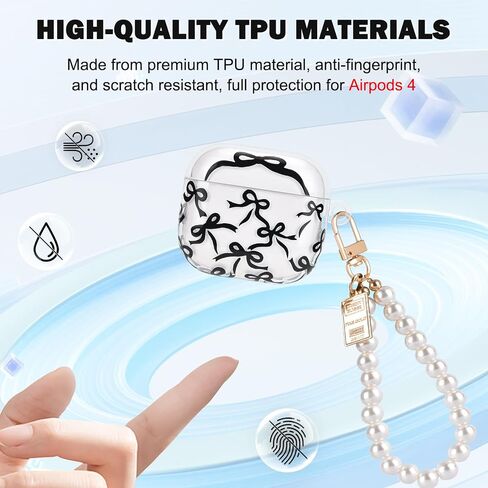 CameCosy for AirPods 4 Case with Pearl Bracelet Keychain, Black Bow Tie Design Protective Shockproof Clear TPU Premium Cover for AirPods 4th Generation for Women in Saudi Arabia
