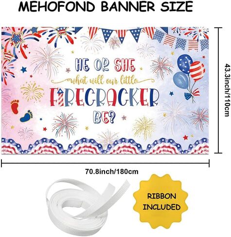 MEHOFOND 4th of July Gender Reveal Backdrop He or She What Will Our Little Firecracker be Photography Background Red White and Blue Firecracker Theme Party Banner Firework Star Photo Prop 6x3.6ft in Saudi Arabia