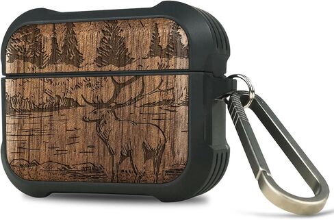 Carveit Wooden Case for AirPods Pro 2nd/1st Gen Case, Wood Artisan Engraved & TPU Shockproof Cover, Titanium Quick Released Clasp, Wireless Chargers Compatible (Mountains and Deer) Walnut in Kuwait