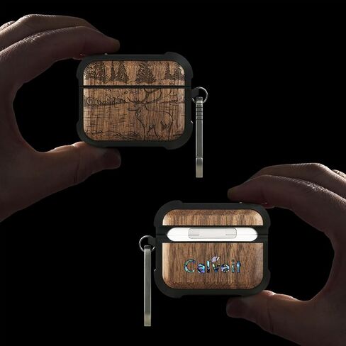 Carveit Wooden Case for AirPods Pro 2nd/1st Gen Case, Wood Artisan Engraved & TPU Shockproof Cover, Titanium Quick Released Clasp, Wireless Chargers Compatible (Mountains and Deer) Walnut in Kuwait