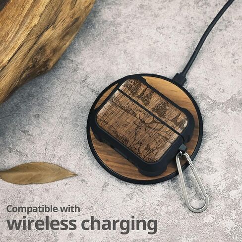 Carveit Wooden Case for AirPods Pro 2nd/1st Gen Case, Wood Artisan Engraved & TPU Shockproof Cover, Titanium Quick Released Clasp, Wireless Chargers Compatible (Mountains and Deer) Walnut in Kuwait