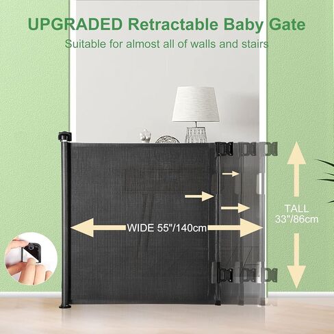 Retractable Baby Gate, Extra Wide Safety Kids or Pets Gate, 33" Tall, Extends to 55" Wide, Mesh Safety Dog Gate for Stairs, Indoor, Outdoor, Doorways, Hallways, One Hand Easy to Wipe in Saudi Arabia