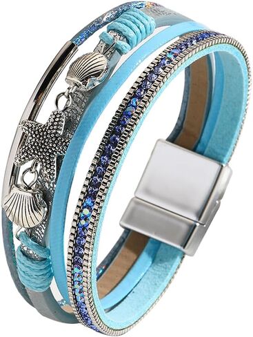 P Ammy Fashion® Multi-layered Leather Bracelet Rhinestone Starfish Stackable Boho Cuff Bangles Bohemian Jewelry Gift for Women or teen girls with Magnetic Clasp in Saudi Arabia