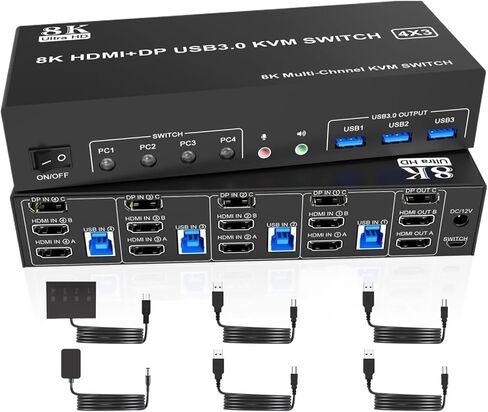 8K DisplayPort +2 HDMI USB 3.0 KVM Switch 3 شاشات 4 أجهزة كمبيوتر ، شاشة ثلاثية مفتاح KVM مع ميكروفون الصوت + 3 منفذ USB3.0 (TA403-2D1H ، قابس الاتحاد الأوروبي) in Kuwait