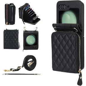 for Samsung Galaxy Z Flip 6 Wallet Case Zipper Accordion Multi-Card Slots Patch Anti-Fall Folding Leather Phone Case with Crossbody Lanyard and Short Lanyard- Black
