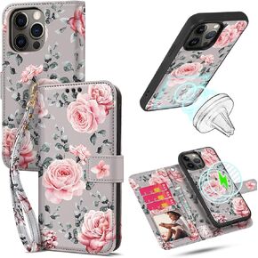 HOGGU Compatible with iPhone 14 Case Wallet [Support Magsafe Charger] Magnetic Detachable Floral Flip PU Leather Wallet Case with Card Holder RFID Blocking, Wallet Case for Women Girls-Gray