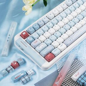 143 Keys Light Blue and White PBT Keycap, Kawaii Custom Cute Keyboard Cap, Five Side Dye Sublimation Custom Key Cap, FOA Profile Keycap for ANSI/ISO Layout Mechanical Gaming Keyboard