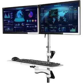 Dual Monitor Stand Wall Mount Workstation, Sit Stand Dual Monitor Mount for 15''-27'' Screens, Adjustable Wall Mount Dual Monitor Arm with Foldable Keyboard Tray Monitor Mount(450mm)