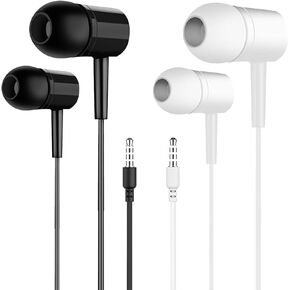 2 Pack Wired Earbuds, Suitable for All 3.5mm Interface Devices, Earbuds with Microphone, Noise Cancelling Headphones with Powerful Heavy Bass Stereo (Black+White)