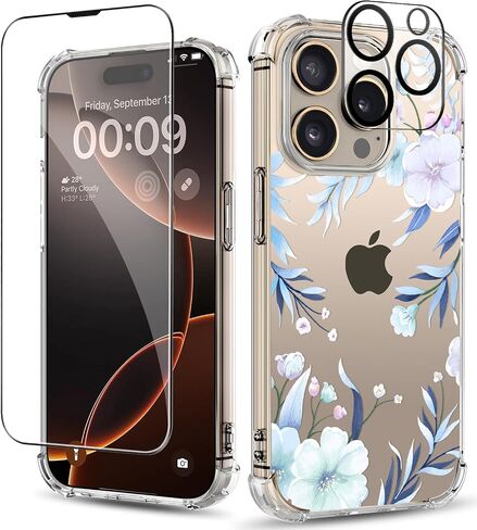 for iPhone 16 Pro Case ,[3 in 1]with Screen Protector & Camera Lens Protector, Flower Pattern Design,Clear Soft Shockproof Slim Floral Phone Cover for Women Girls 2024 6.3" (Blooming Flowerets) in Saudi Arabia