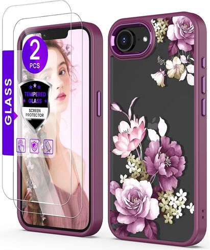 for iPhone 16E Case+Tempered Glass Screen Protector, [Military Grade Protective] Slim Soft TPU & Hard PC,Girls Women Crystal Clear Flower Pattern Cover for iPhone SE 4rd Gen 2025-Purple in Kuwait