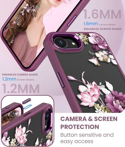 for iPhone 16E Case+Tempered Glass Screen Protector, [Military Grade Protective] Slim Soft TPU & Hard PC,Girls Women Crystal Clear Flower Pattern Cover for iPhone SE 4rd Gen 2025-Purple in Kuwait