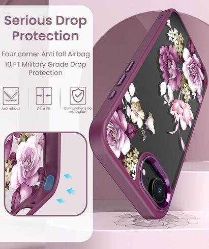 for iPhone 16E Case+Tempered Glass Screen Protector, [Military Grade Protective] Slim Soft TPU & Hard PC,Girls Women Crystal Clear Flower Pattern Cover for iPhone SE 4rd Gen 2025-Purple in Kuwait