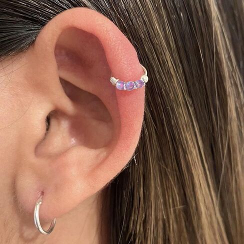 925 Sterling Silver VERY SMALL 10MM Pink Opal Hoop Earring - SINGLE Hoop for ONE ear - for Helix, Cartilage, 2nd Ear Piercing | Handmade by MiYa Jewelry Creations in Saudi Arabia