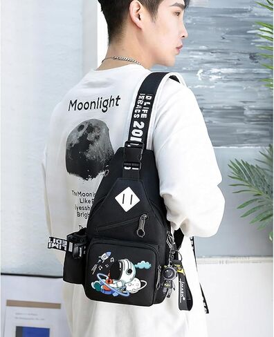 Water-Resistant Crossbody Sling Bag for Men Astronaut Casual Chest Shoulder Daypack Hiking Travel Backpack for 12.9 Inch Ipad (Black1) in Saudi Arabia