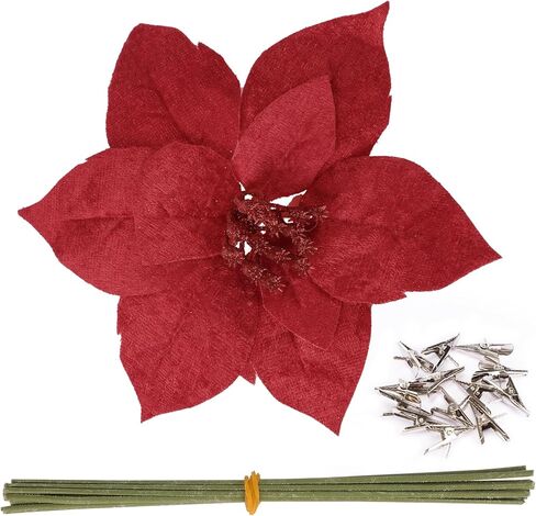 CEWOR 12 Pcs Christmas Poinsettia Artificial Flowers Flannel Christmas Tree Decor Flowers with Clips and Stems for Wedding Party Xmas Tree, 6.7 Inch (Red) in Saudi Arabia