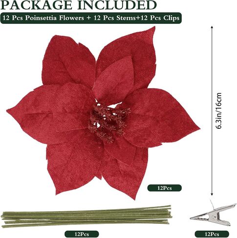 CEWOR 12 Pcs Christmas Poinsettia Artificial Flowers Flannel Christmas Tree Decor Flowers with Clips and Stems for Wedding Party Xmas Tree, 6.7 Inch (Red) in Saudi Arabia