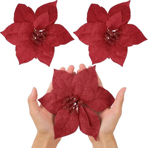 CEWOR 12 Pcs Christmas Poinsettia Artificial Flowers Flannel Christmas Tree Decor Flowers with Clips and Stems for Wedding Party Xmas Tree, 6.7 Inch (Red) in Saudi Arabia