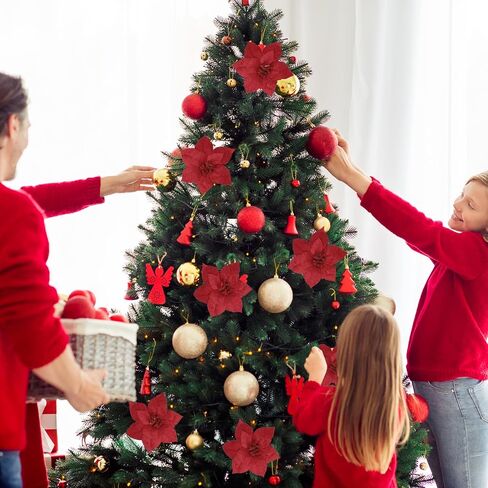 CEWOR 12 Pcs Christmas Poinsettia Artificial Flowers Flannel Christmas Tree Decor Flowers with Clips and Stems for Wedding Party Xmas Tree, 6.7 Inch (Red) in Saudi Arabia