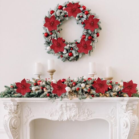 CEWOR 12 Pcs Christmas Poinsettia Artificial Flowers Flannel Christmas Tree Decor Flowers with Clips and Stems for Wedding Party Xmas Tree, 6.7 Inch (Red) in Saudi Arabia