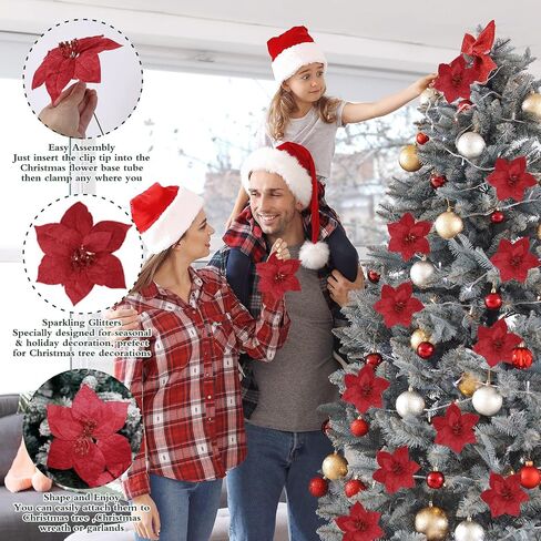 CEWOR 12 Pcs Christmas Poinsettia Artificial Flowers Flannel Christmas Tree Decor Flowers with Clips and Stems for Wedding Party Xmas Tree, 6.7 Inch (Red) in Saudi Arabia