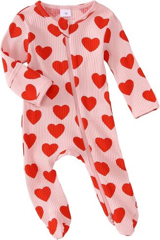 GLIGLITTR Newborn Infant Baby Girls Valentine's Day Romper Long Sleeve Bodysuit Cute Heart Print Ribbed Onesie Jumpsuit in Saudi Arabia