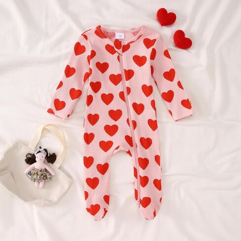 GLIGLITTR Newborn Infant Baby Girls Valentine's Day Romper Long Sleeve Bodysuit Cute Heart Print Ribbed Onesie Jumpsuit in Saudi Arabia
