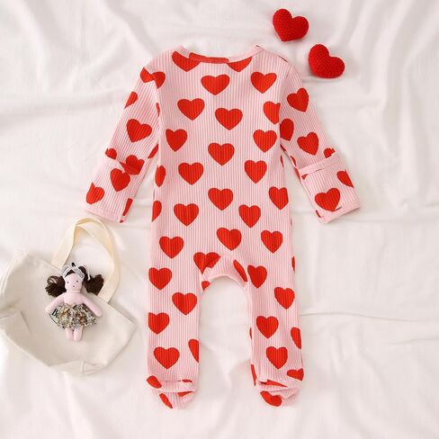 GLIGLITTR Newborn Infant Baby Girls Valentine's Day Romper Long Sleeve Bodysuit Cute Heart Print Ribbed Onesie Jumpsuit in Saudi Arabia