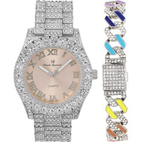 Charles Raymond Women's Baguette Cut Rainbow Iced Out Watch combs of you choices With Bling'ed Out Tennis Bracelet or Necklace with Matching Diamond Crystal Set - Rainbow - 23 in Kuwait