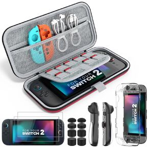 MoKo Switch 2 Accessories Bundle Kit for Nintendo Switch 2 (2025), 14 in 1 Gift Kit with Carrying Case, Protective Cover, Clear TPU Joycon Case, 2x Screen Protectors and 8x Thumb Grip Caps, Red