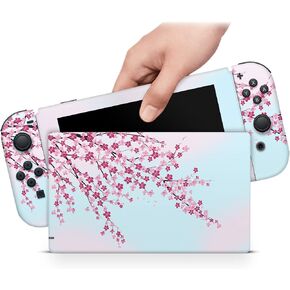 ZOOMHITSKINS Compatible with Switch Skin Cover, Blue Sakura Cherry Blossom Japan Spring Flower, Vinyl Decal Sticker Wrap, Made in The USA