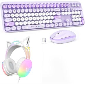 Cat Ear Gaming Headset with Mic & Purple Colorful Wireless Keyboard and Mouse Combo