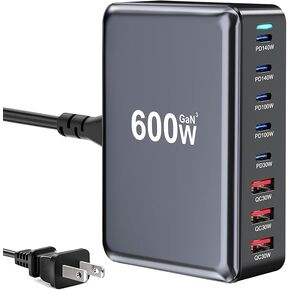 140W PD3.1 GAN3 محطة شحن 600 واط إجمالي الطاقة ، شاحن سريع USB-C FAST لـ MacBook/iPhone/Samsung ، شاحن لسطح المكتب فائق الحمل مع حقيبة الوقوف والسفر ، منافذ 5xtype-C+3XUSB للمنزل/النوم/المكتب