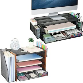 AUPSEN 2 Tier Computer Monitor Stands , Wood Desk Organizer with File Holder