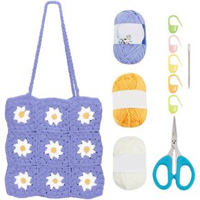 ORIGACH DIY Daisy Crochet Tote Bag Kit for Beginners Adults, Floral Crochet Granny Square Shoulder Bag Set for Starters, Complete Crochet Accessories Tools to Make a Bag with Instruction and Video