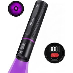 ALONEFIRE SV113 Mini 365nm UV Flashlight USB C Rechargeable Digital Display Woods Lamp Money Detector Black Light for Pet Urine Detection, Scorpion, Fishing, Minerals, Rocks with Built-in Battery