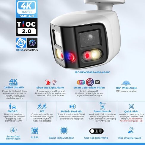 Dual Lens Security Camera Outdoor, 2x4MP 180 Degree Wide Angle POE Camera 4K TiOC WizSense Smart Dual Light,2-Way Audio, Set up to 4 Detection Zones in Kuwait