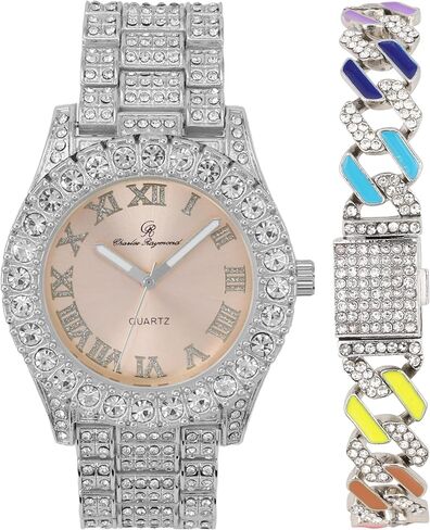 Charles Raymond Women's Baguette Cut Rainbow Iced Out Watch combs of you choices With Bling'ed Out Tennis Bracelet or Necklace with Matching Diamond Crystal Set - Rainbow - 23 in Kuwait